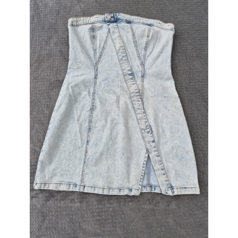 Showpo Erline Mini Dress Asymmetric Strapless Denim Acid Blue Wash‎ Size US 14